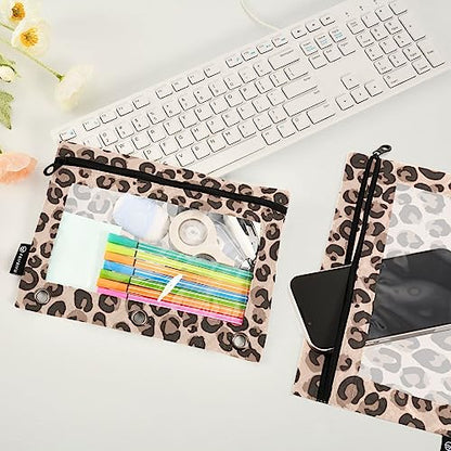 Fisyme Leopard Cheetah Print Pencil Pouch for 3 Ring Binder Pencil Case Pencil Bag Zipper Pouch with Clear Window for Office Supplies 2 Pack - color: Multi-1
