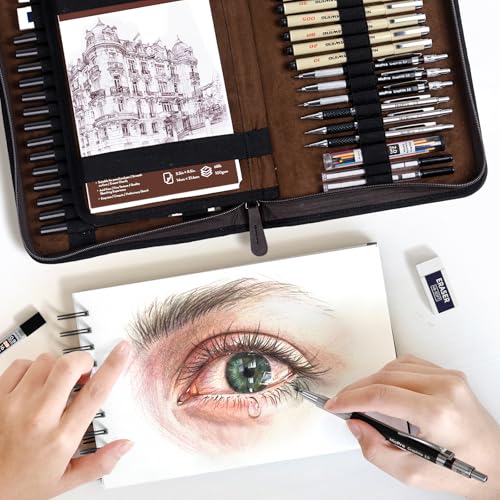 Nicpro 58 PCS Art Drawing Supplies Kit in Leather Case, Art Mechanical Pencil Set with Metal Drafting Pencil 0.3 & 0.5 & 0.7 & 0.9 & 2mm, 12 Micron Pen, Sketch Book, 30 Tube Lead Refills for Sketching