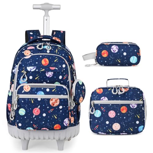 Rolling Backpack for Boys, 3PCS Roller School Backpacks for Boys with Lunch Bag and Pencil Pouch, Kids Bookbag School Bag with Wheels for Kindergarten Elementary Middle School Travel - color: Grey Space