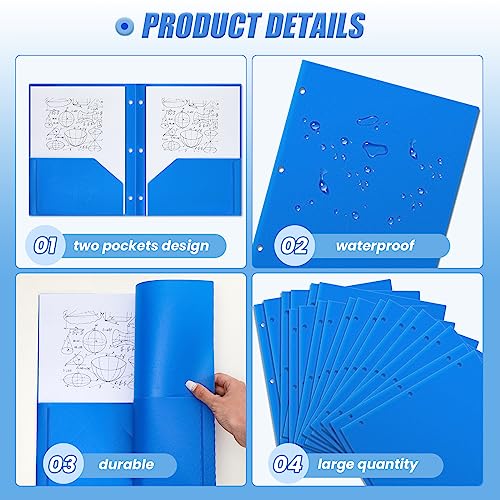 Yeaqee 100 Pcs Plastic Folders with Pockets Bulk 3 Hole Punched 2 Pocket File Folders for 3 Ring Binder Divider Folder for Notebooks, Durable Poly for Office Home (Blue) - color: Blue