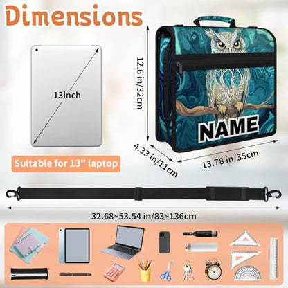 Custom Zipper Binder Mandala Owl 3 Ring Binder 1.5 Inch Expanding Pockets File Folder Large Capacity Document Organizer Bag with Handle and Strap - color: Multi 10