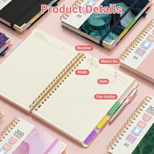 Hardcover Spiral Journal Notebook, 300 Pages 5 Subject Notebook College Ruled with Removable Dividers Tabs, 8" x 10" Notebooks for Work, Spiral Ruled Lined Writing Journal Hardcover Leather Notebook for School (Purple marble, 8''x 10'') - color: Purple ma