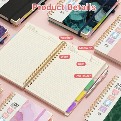 Hardcover Spiral Journal Notebook, 300 Pages 5 Subject Notebook College Ruled with Removable Dividers Tabs, 8" x 10" Notebooks for Work, Spiral Ruled Lined Writing Journal Hardcover Leather Notebook for School (Purple marble, 8''x 10'') - color: Purple ma