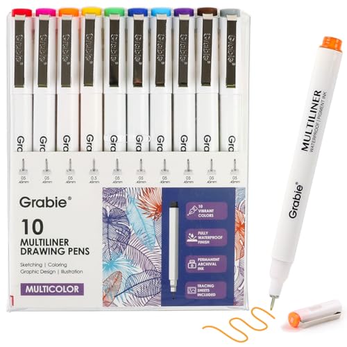 Grabie Micro Fineliner Pens, 10 Multicolor Fine Line Waterproof Drawing Pens, Assorted Point Sizes for Sketching, Illustration, Journaling, Art Supplies - color: 10-Multicolor