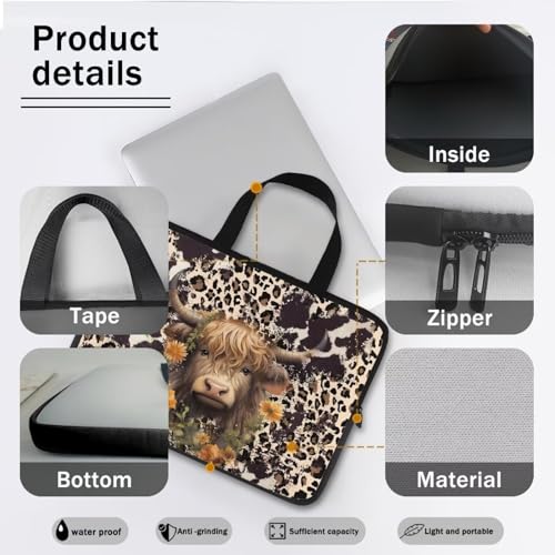 10 Inch Laptop Sleeve, Laptop Cover Computer Bag Tablet Carrying Case with Handle, Brown Cow Zipper Tote Bags Notebook Sleeves Handbag Messenger BriefcaseGifts for Women - color: Brown Cow, size: 10 Inch