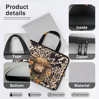 10 Inch Laptop Sleeve, Laptop Cover Computer Bag Tablet Carrying Case with Handle, Brown Cow Zipper Tote Bags Notebook Sleeves Handbag Messenger BriefcaseGifts for Women - color: Brown Cow, size: 10 Inch