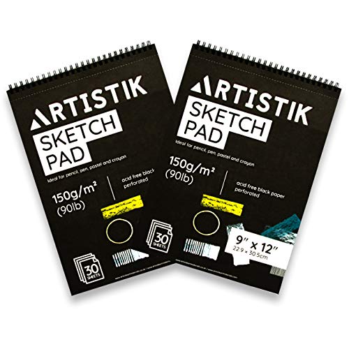 Black Paper Sketch Pad - 12 x 9 (Pack of 2) 30 Sheets (90lb/150gsm), Top Spiral Bound with Perforated Pages for All Dry Media Graphite & Colored Pencils, Gouache, Charcoal, Gel Pens, Chalk - size: 9" x 12" - Black Paper Sketch Pads