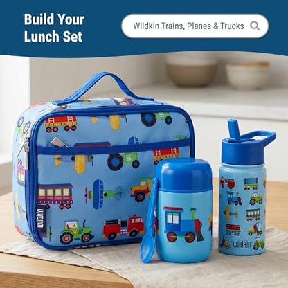 Wildkin Kids 10 oz Insulated Food Jar, Trains, Planes & Trucks | Wide-mouth 10 oz jar keeps food hot up to 5 hrs and cold up to 7 hrs · includes two folding spoons · stainless steel interior - color: Trains, Planes & Trucks