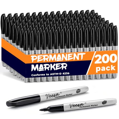 VEESA Permanent Markers Bulk, Black, 200 Pack, Fine Point | Instant Drying, Water- and Fade-Resistant - size: 1 Count (Pack of 200)