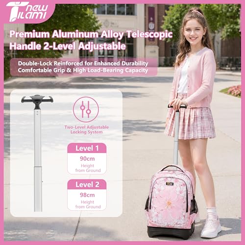 NEW TILAMI Girls & Boys Rolling Backpack - Moisture-Wicking, Adjustable Handle, Large Capacity, Perfect for School & Travel, Pink Flowers - color: Pink Flowers