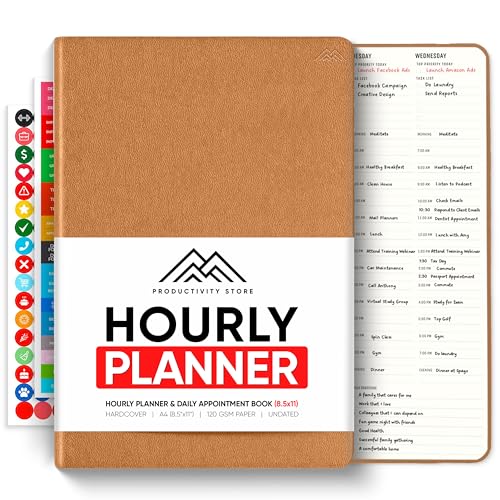 Hourly Planner & Appointment Book (8.5” x 11”) - Premium Hourly Planner with Daily Schedule & 30-Minute Time Slots for Better Time Management by PRODUCTIVITY STORE (A4, Brown) - color: Leather