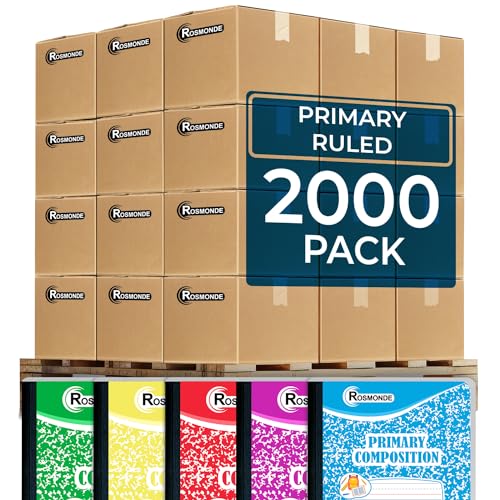 Rosmonde 2000 Pack Composition Notebooks Bulk, Primary Ruled Bulk, Assorted | Full Pallet of Composition Notebooks, 200 Pages (100 Sheets), 9-3/4 x 7-1/2, Bulk Notebooks for Grades K-2, 4-7 Days Transit - size: 2000 Pack | Full Pallet