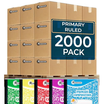 Rosmonde 2000 Pack Composition Notebooks Bulk, Primary Ruled Bulk, Assorted | Full Pallet of Composition Notebooks, 200 Pages (100 Sheets), 9-3/4 x 7-1/2, Bulk Notebooks for Grades K-2, 4-7 Days Transit - size: 2000 Pack | Full Pallet