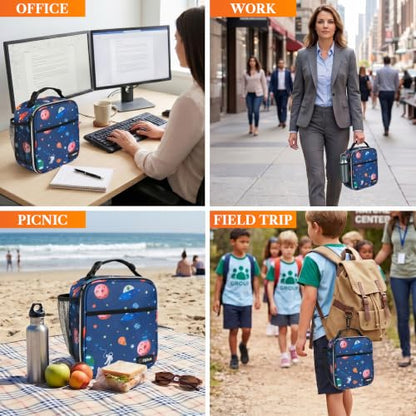 opux Insulated Lunch Bag for Kids Boys Girls, Small Compact Lunch Box with Wide Opening & Mesh Pockets, Reusable Lunch Pail for School, Work, Adults, Men, Women, Space Astronaut - color: Space Astronaut