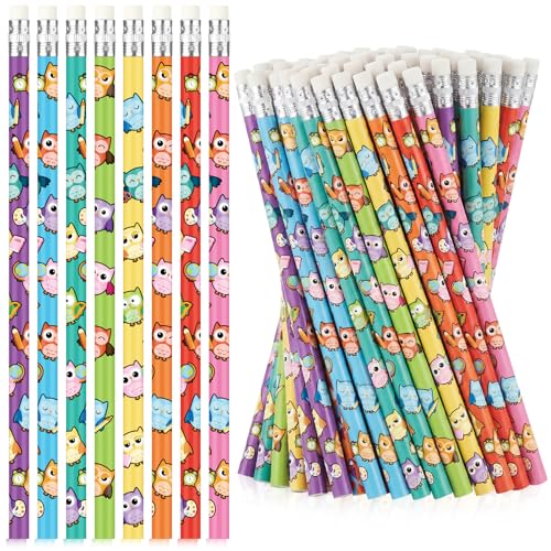 Gueevin 48 Pcs Owl Wooden Pencil with Eraser Cute Cartoon Assorted Stationery Pencils Novelty Animal Printed for Students Teacher Classroom School Reward Prize Party Favors