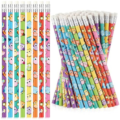 Gueevin 48 Pcs Owl Wooden Pencil with Eraser Cute Cartoon Assorted Stationery Pencils Novelty Animal Printed for Students Teacher Classroom School Reward Prize Party Favors
