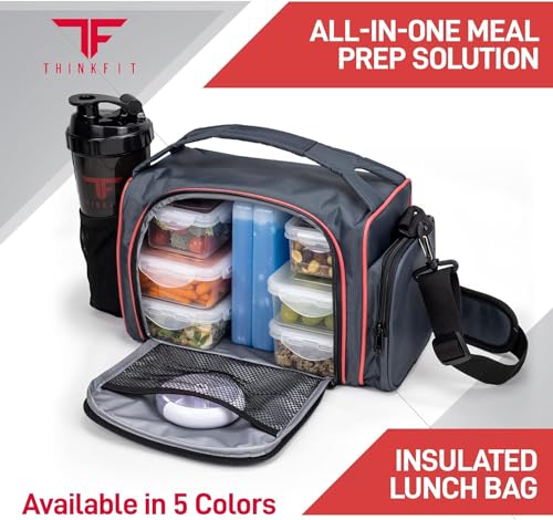 ThinkFit Red Reusable Lunch Bag with 6 Portion Control Containers, 2 XL Ice Packs, Pill Box, and Shoulder Strap - Microwavable and Freezer Safe - color: Red
