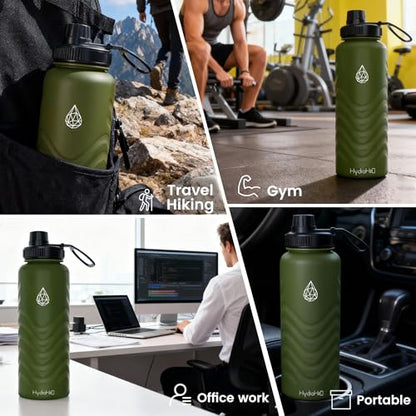 24oz Stainless Steel Insulated Water Bottle, 48H Ice Cold & 24H Hot, Leak-Proof Wide Mouth Lids (Straw & Spout), BPA-Free Bottles, Mens Water Bottle for Gym, Hiking, Travel - Green - color: Green, size: 24 Ounces