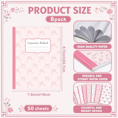 8 Pack Pink Bow Composition Notebooks Bulk Pink Notebook College Ruled Journal 100 Pages Cute Aesthetic Bow Composition Books Back to School Gift for Student Teacher Office Supplies 9.7x7.5 Inch - color: Pink Bow