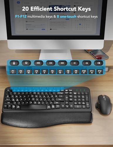 SABLUTE Wireless Keyboard and Mouse Combo with Ergonomic Wave Key | Leather Soft Palm Rest, 2.4G Full Size, 6-Button Mouse, 4-Level DPI, USB-A/C, MA12 Silent Set for PC, Laptop, Windows, macOS - color: Modern Black