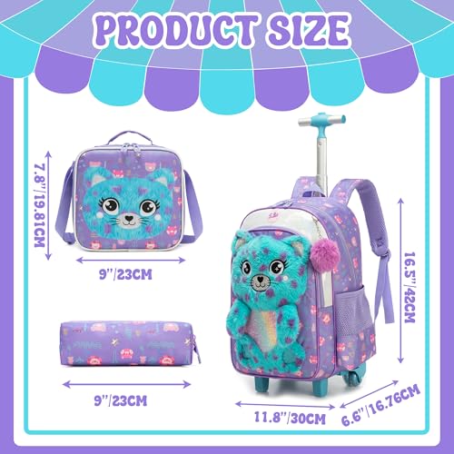 Meetbelify Rolling Backpack for Girls 3D Carton Backpack with Wheels for Elementary Student Kids Plush School Bag with Lunch Box Pencil Case for Girls Ages 6-8 Years Old - color: Blue
