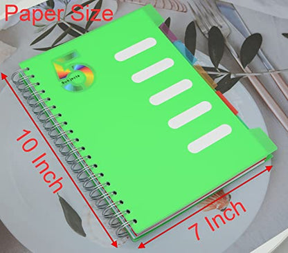 5 Subject Notebook, 2 Pcs Green and Dark Blue 10 Inch x 7 Inch B5 Spiral Notebook With Waterproof Plastic Softcover, 300 Pages 80 Gsm College Ruled Papers With 5 Sheets Colorful Movable Dividers - color: Green and Dark Blue