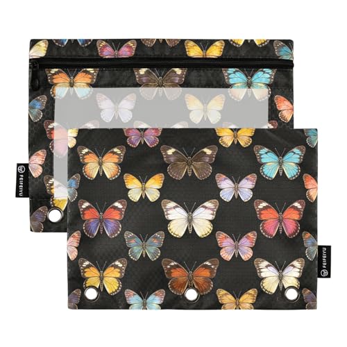 Butterfly Pencil Pouches for 3 Ring Binder, Zipper Binder Pencil Case, 2 Pack Clear Window Case Bag for Office Organizers - color: Butterfly