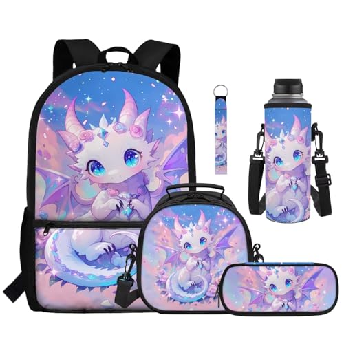 Kawaii Dragon 5 Piece Backpack Set for Kids with Lunch Bag Pencil Case and Water Bottle Holder School Bag for Elementary Middle School - color: Kawaii Dragon