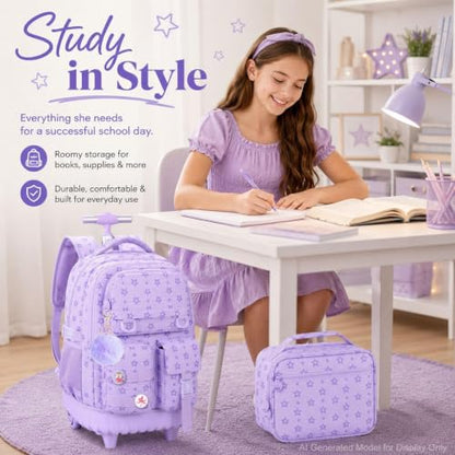 CCJPX 3Pcs Rolling Backpack for Girls, Roller Wheeled School Bookbag, Star Wheels Backpacks with Lunch Box for Kids (Purple) - color: Star Purple