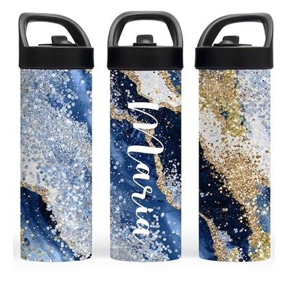 Custom Leakproof Water Bottle 20oz| Gym Tumblers| Running Cup| Adult Tumbler| Marble Sport Bottle (Blue and Gold) - color: Blue and Gold