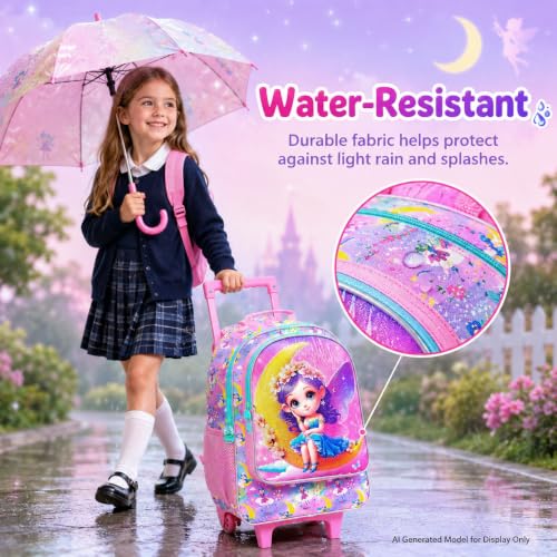 3PCS Kids Rolling Backpack, Girls Roller Wheels Bookbag, Wheeled Elementary School Bag with Lunch Bag - Mermaid - color: Moon Xn Zifa Roller