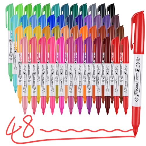 48 Colors Permanent Markers, Assorted Colors Vibrant Markers, Fine Point，Works on Wood, Plastic, Metal, and More, for Adults, Artist, Teacher, Kids, 48 Pack - color: Multicolor