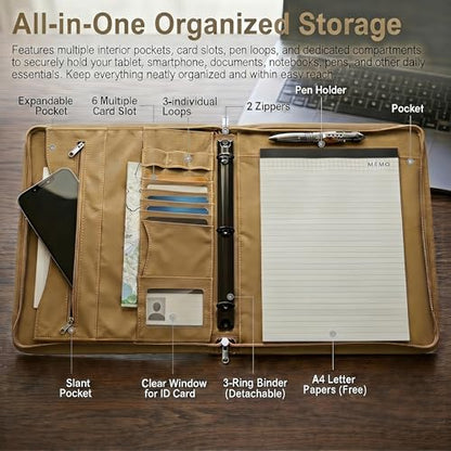 Tactical Notebook Cover, A4 Padfolio with Detachable 3-Ring Ring Binder, Multi-Pocket Organizer & Hand Strap, Zippered Hardcase Planner(Khaki, A4(13.8 x 12 inches)) - color: Khaki, size: A4