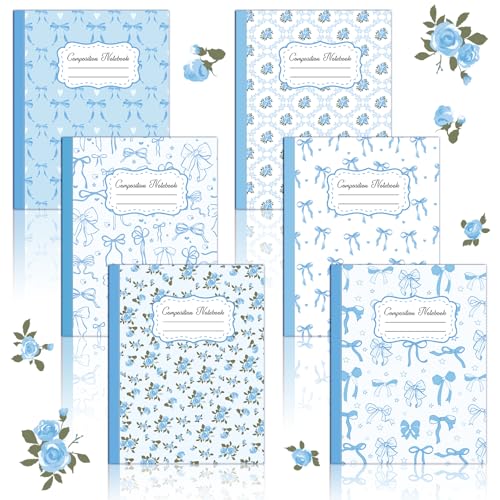 6 Pack Blue Bow Composition Notebooks, Preppy Cute Coquette Notebook,110 Page 9-3/4 x 7-1/2" Aesthetic College Ruled Journal Back to School Gifts First Day of School Favors for Teachers - color: Blue