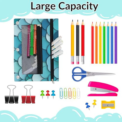 Mermaid Scales Pencil Pouch for 3 Ring Binder Blue Scale Pencil Case Bag with Clear Window Zipper Pockets for Kids Girls Boys Students School College Supplies 2 Pack - color: Blue