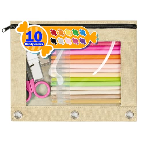 Forvencer Pencil Pouch for 3 Ring Binder, Large Pencil Case Pouch with 3 Reinforced Grommets, Pen Bag, Clear Window Pencil Case, Binder Accessories, Beige - color: Beige, size: 1 Pack