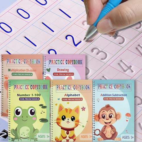 Reusable Grooved Handwriting Workbooks,Magic Copybook,Magic Writing Practice Copy Books, to Help Children Improve Their Handwriting Ink Practice Age 3-8 Calligraphy for Kids(5-Book Gift Set) - size: Large-(9.5in×6.3in)