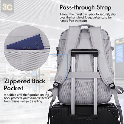 MOMUVO Large Travel Backpack Women, Flight Approved Carry On Backpack, Water Resistant Anti-Theft Large Casual Daypack Fit 17 Inch Laptop with USB Charging Port, Grey - color: Grey, size: 17.3 inch