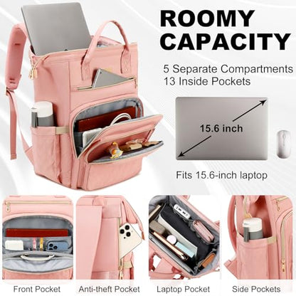 AIJIEKE Lunch Backpack for Women, 15.6 Laptop Backpack, Lunch Box, Pink | Water resistant computer bag with insulated leakproof cooler. Travel meal prep backpack for nurse, teacher, college commute - color: Pink