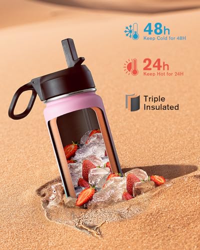 Coolflask 24 oz Insulated Water Bottle with Straw & 3 Leakproof Lids | Water Flask Stainless Steel Triple-Wall Vacuum, Cupholder Friendly, Cold 48+h, Dishwasher Safe, Non-BPA, for Gym & Hiking - color: Bubblegum Princess, size: 24 Ounces