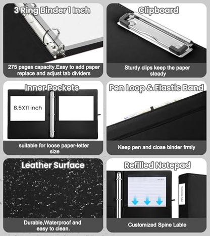 3 Ring Binder with Clipboard,1 Inch Binders with Notepad&5 Dividers with Pockets, Labels,PU Clipboards for School Office(Black,Letter Size) - color: Black, size: Letter Size - 1 Inch