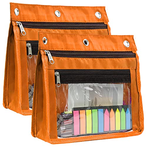 YoeeJob 2 Pack 1 Inch Expandable Zipper Pencil Pouches with Clear Window for 3 Ring Binder, Suitable for School & Office (Orange) - color: Orange