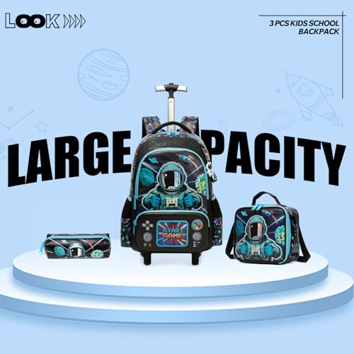 Kids Rolling Backpack for Boys Astronaut Trolley Suitcases Luggage with Wheels Bookbag Wheeled 3pcs Preschool Students Elementary Teenagers Lunch Box Pencil Case Blue for Age 5-10 - color: Blue-0201-yuhangyuan