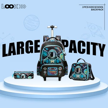 Kids Rolling Backpack for Boys Astronaut Trolley Suitcases Luggage with Wheels Bookbag Wheeled 3pcs Preschool Students Elementary Teenagers Lunch Box Pencil Case Blue for Age 5-10 - color: Blue-0201-yuhangyuan