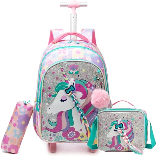 Unicorn Rolling Backpack for School Backpack with Wheels Backpack for Girls Primary School Kids Backpack Daypack Elementary Students for Girls Backpack for Travel - color: Unicorn