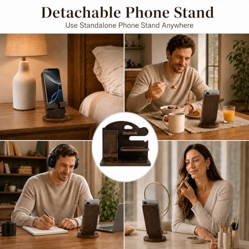 Wooden Phone Docking Station for Men, Solid Wood Nightstand & Desk Organizer, Ideal Gift for Dad and Husband