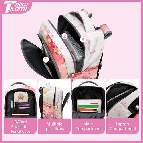 NEW TILAMI Girls 18 inch Rolling Backpack - Large Capacity, Waterproof, Adjustable Handle, Stylish Design, Ideal for School & Travel, Starshine - color: Starshine