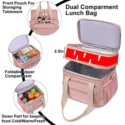Weitars Lunch Bag for Women, Loncheras Para Mujer, Leakproof Insulated Large Lunchbox Dual Compartment Lunch Box Adult For Work Beach Picnic Hiking (15L) (Pink) - color: Pink