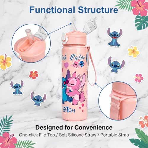 Cartoon Huntrix Water Bottle for Girls, 25oz Leak Proof with Straw Lid, Gifts for Girls (Pink Stitch) - color: Pink Stitch