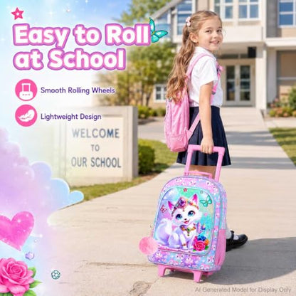 3Pcs Rolling Backpack for Girls, Fox Kids School Backpacks with Wheels, Roller Bookbag with Lunch Box for Elementary Preschool(White) - color: Fox Pink